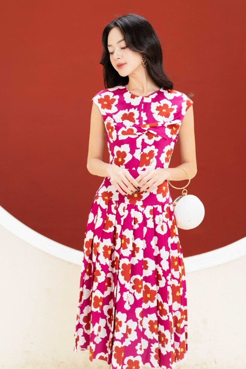 Sixdo Murrey Floral Silk Midi Dress